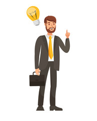Businessman with Startup Idea Vector Illustration. Cheerful Man in Suit with Tie Holding Suitcase Cartoon Character. Entrepreneur, Corporate Worker with Business Plan. Successful Brainstorm