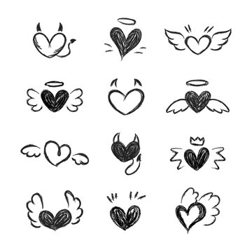Set of drawing black hearts. Collection cartoon hearts shape character different style. Vector illustration. 
