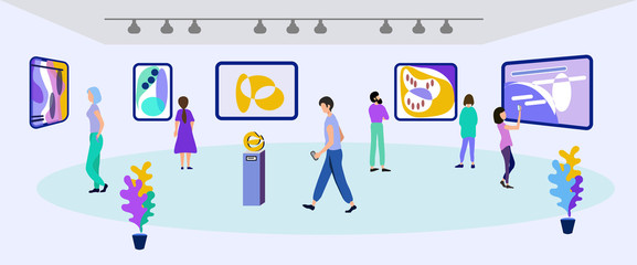 Art Gallery with Abstract Paintings Exhibition. Cartoon People Characters Visit Museum with Creative Contemporary Artworks. Visitors Walking and Viewing Modern Pictures. Vector Flat Illustration