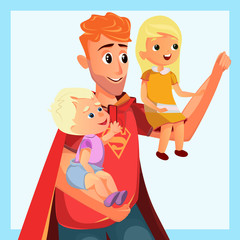 Father Play Superhero in Costume Red Cape Vector Illustration. Cartoon Boy Girl Sit on Man Hand. Happy Dad Son Daughter Family. Father Day Celebration Card. Fatherhood Strength Concept