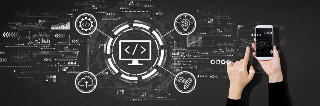 Web development concept with person using a white smartphone