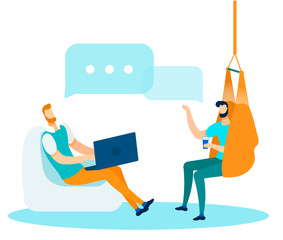 Cartoon Workers Characters Have Nice Chat, Dialog at Coworking Office. Executive Manager Asking for Help. Coworker Drinking Coffee Give Advice. Discussion, Communication. Vector Flat Illustration