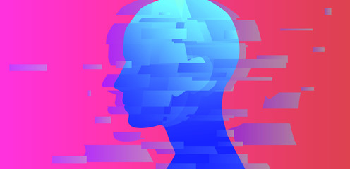 Silhouette of a glitched head profile. Conceptual minimalist illustration of Artificial intelligence or Human Psychology.