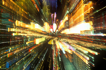 Zoom effect of neon lights on 'Strip' at night, Las Vegas, NV