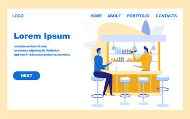Bar Restaurant Flat Landing Page Vector Template. Professional Barkeeper and Visitor Cartoon Characters. Pub Web Banner Layout. Bartender Making Drink for Customer illustration with Text Space