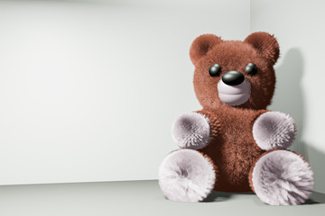 BROWN TEDDY BEAR 3D RENDERING ILLUSTRATION. Short hair bear doll raise 2 hands, sitting in corner of room. Cute funny animal toy character. Cheerful cartoon on white wall floor background COPY SPACE.