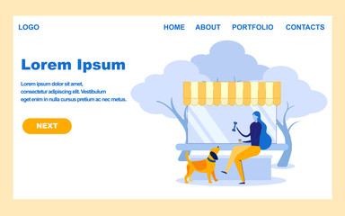 Dog Walking Service Landing Page Vector Template. Young Woman Rest Outdoors with Domestic Animal Cartoon Character. Domestic Animal Care Advice Website Homepage Concept with Flat illustration