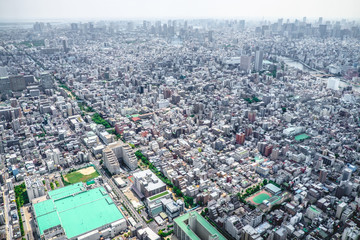 Panoramic view of sunny Tokyo from Tokyo Skytree Tower Observation Deck, Japan