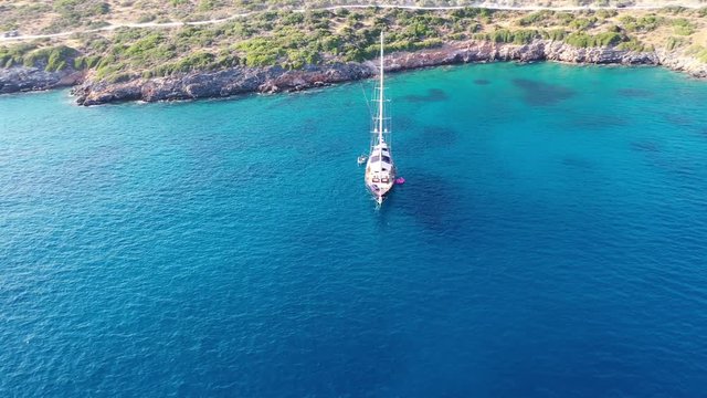 Aerial view of a yaht moored near Spinalonga Island, Crete, Greece