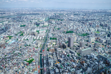 Panoramic view of sunny Tokyo from Tokyo Skytree Tower Observation Deck, Japan