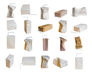 Collection Used milk carton is crumple isolated on white background