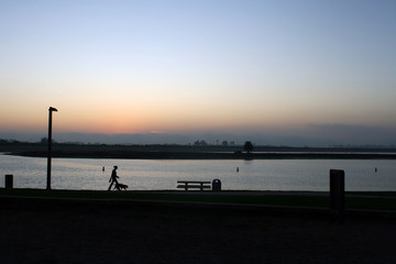 Silhouette of a woman walking her dog in a waterfront park at dusk.