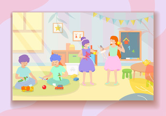 Children Playing in Kindergarten. Little Boys and Girls Preschoolers Spending Time in Nursery School with allot of Toys and Blackboard for Studying. Day Care Center Cartoon Flat Vector Illustration