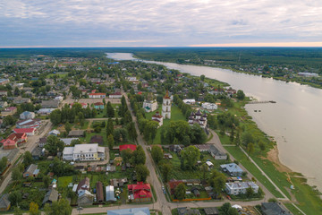 Aerial view of the ancient city of Kargopol on a cloudy summer morning. Arhangelsk region. Russia