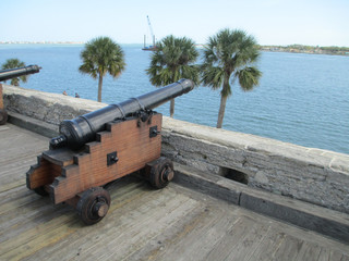 Fototapeta na wymiar cannon facing a town from fort wall