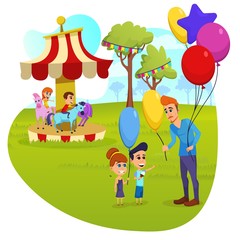Informational Poster Childrens Entertainment. Theme and Entertainment Parks for Children and Adults. Boy and Girl Ride on Carousel. Man Gives Balloons to Children. Vector Illustration.