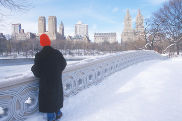 Man Red stocking cap looks at pond in fresh snow in Central Park, Manhattan, New York City, NY