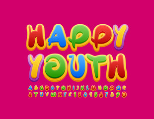 Vector colorful card Happy Youth with creative Font. Bright Alphabet Letters and Numbers