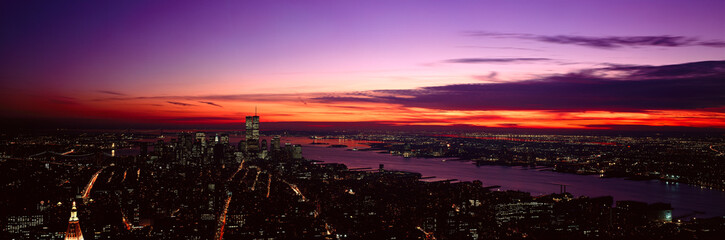 Panoramic view of Empire State Building, World Trade Center, Hudson River, Manhattan, NY and New Jersey