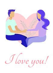 Declaration of Love Cartoon Design Poster for Two. Man and Woman Sitting Together over Big Heart and Holding Hands. Valentines Day, Engagement, Wedding Greeting Card. Vector Flat Illustration