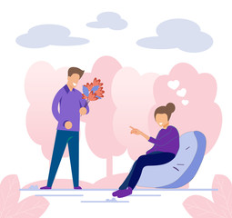 Happy Smiling Couple at First Romantic Date Outdoor in Park. Friendly Man Giving Smiling Woman Flower Bouquet. Girl Sitting in Soft Chair. Natural Cartoon Landscape. Vector Flat Illustration