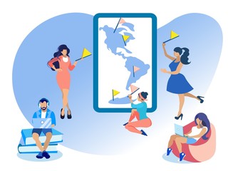 Girl Characters Putting Point Marks or Flags on Map Flat Cartoon Vector Illustration. Man in Headphones Sitting on Book Pile with Laptop. Girl Working on Device. Globe in Big Tablet.