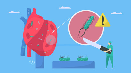 Cardiology treatment by surgeon. This disease calls endocarditis. It is infection of endocardium that is inner heart chambers and valves. Bacteria, parasite and virus are running to blood vessel.