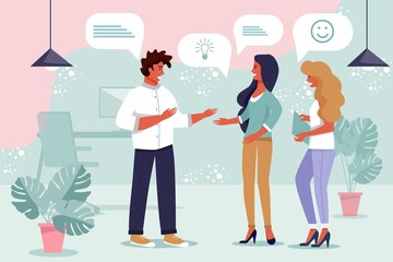 Business Team Brainstorming, Exchanging Thoughts. Staff Meeting for Consulting and Training. Man and Women Sharing Ideas with Positive Emotions. Office Communication. Vector Flat Cartoon Illustration