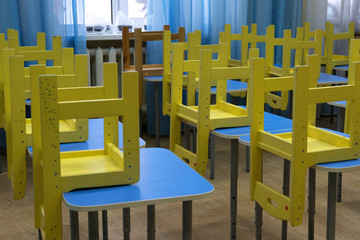 Empty classroom. The school is closed for quarantine.