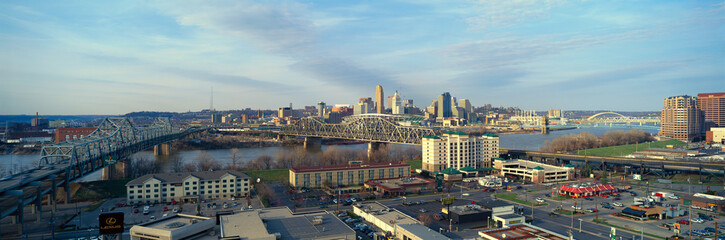 Panoramic afternoon shot of Cincinnati skyline, Ohio and Ohio River as seen from Covington, KY