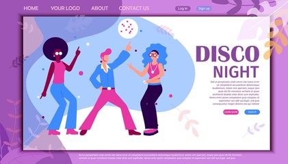 Disco Night Banner. Cartoon Dancers Retro Dance Party in Nightclub Vector Illustration. People in Funky Fashion Costume. Woman with Afro Hair. 70s Discotheque Fun. Pop Music Concert.