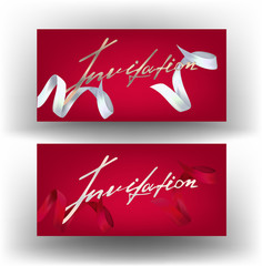 Elegant invitation cards with hand drawn lettering and levitating ribbons. Vector illlustration