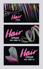 Hair stylist busines cards with multicolor abstract hair. Vector illustration