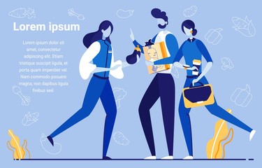 Different Characters Standing Together Flat Cartoon Banner Vector Illustration. Shop Assistant in Uniform, Man Holding Paper Bag with Carrot. Woman Hurrying to Work, Looking at Watch.