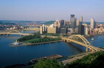 Liberty Bridge over Allegheny River at sunset with Pittsburgh skyline, PA