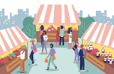 Homemade Food Fair and People Characters Cartoon. Men and Women Choosing Granola, Bakery Products, Salads at Stall. Cooked at Home Groceries Sale. Open Air Market. Vector Flat Illustration