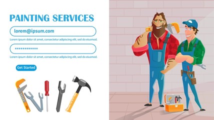 Painting Services Flat Cartoon Banner Vector Illustration. Repairmen in Jeans Overalls Holding Wrench and Tool Case for Renovation Website Design. Empty Apartment with Builders Inside.