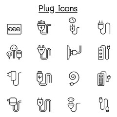 Plug, usb, cable, socket icon set in thin line style