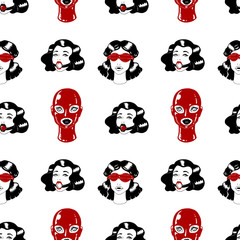 Black and white and red BDSM Vintage ink women seamless pattern. Collection of retro girls for sex party, shop. Isolated on white background