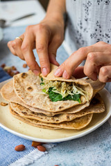 Tortilla, quesadilla, make flatbread stuffed. Put vegetables filling. Vegan, vegetarian healthy food
