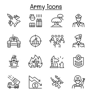 War & army icons set in thin line style