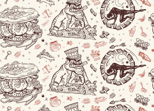 Global financial crisis. Social inequality. Angry boss capitalist, flat Earth, turtle and bags of money. Wealth and poverty. Seamless pattern. Old school tattoo. Hamster wheel, mortgages, loans, taxes