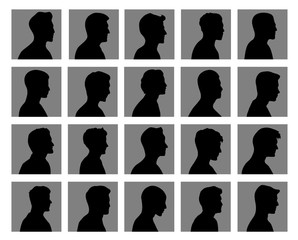 20 Silhouette men avatar set, on side view, Isolate on gray square background.