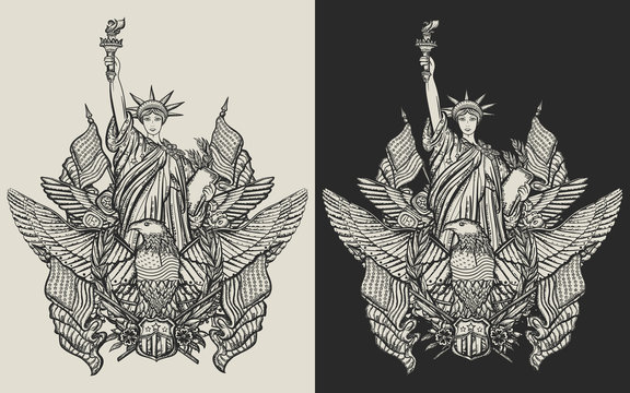 Statue of liberty, eagle, flag and map. United States of America. Patriotic art. Template for clothes, covers, emblems, stickers, poster and t-shirt design. Typography art. Vector illustration