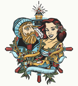 Sea wolf captain and sailor girl. Old school tattoo and t-shirt design. Love story