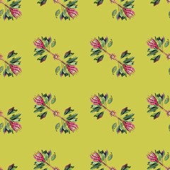 Fototapeta na wymiar Seamless pattern. Protea watercolor flowers similar to an artichoke on a yellow background.
