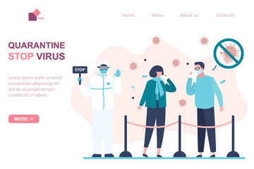Viral quarantine landing page template. Sick masked people. Characters sneeze and cough. Virus covid-19.
