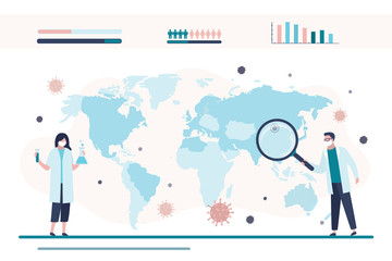 The spread of new virus on planet infographics. Virologists are researching new virus and global statistic.