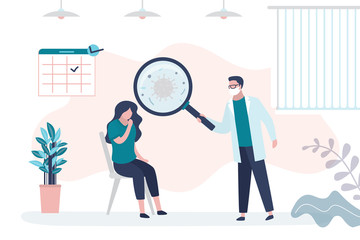 Female patient infected with new virus and male doctor virologist studies the disease. Clinic room interior