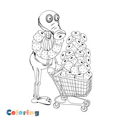 male shopper in gas mask with a grocery cart. procurement of products during a viral pandemic. Coloring.